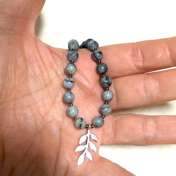 Dark Grey Marble Short Necklace, Genuine Gemstone & Silver Leaf Branch Pendant - Picture 13 of 13